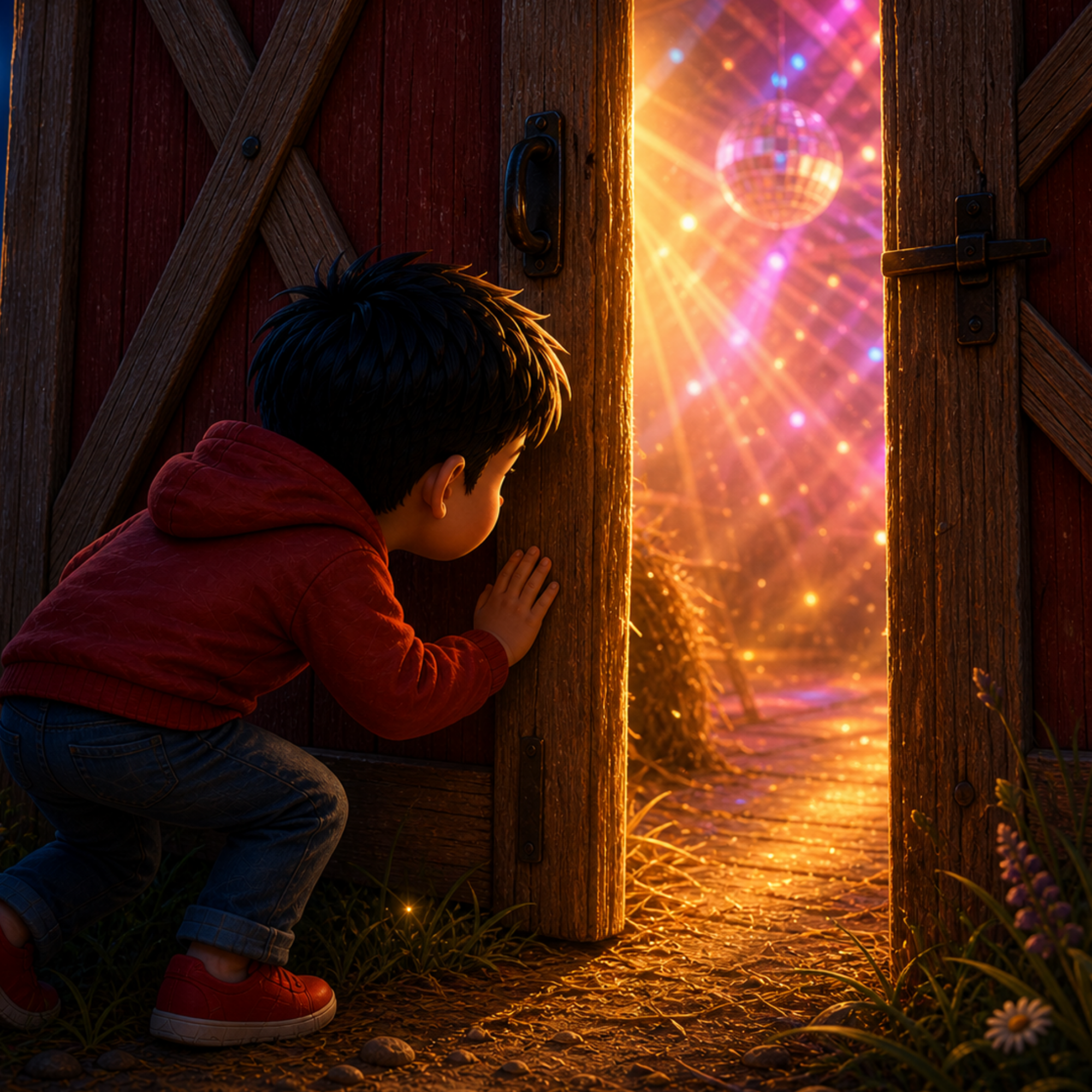 A child peeks through the barn doors at the disco party inside